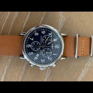 Mens brown genuine leather Timez watch. New with tag on. Never worn.